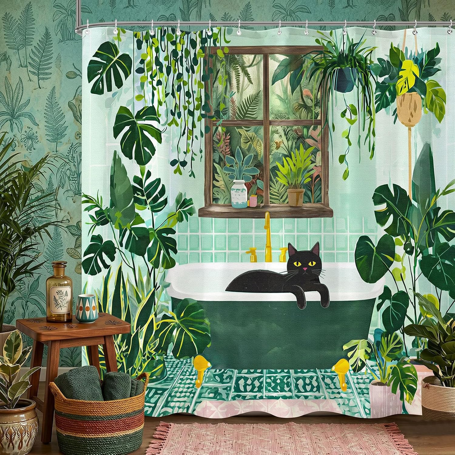 Cat Dopamine Illustration Shower Curtain, Fun Tropical Plants Black Kitten Colorful Matisse Bathroom Decor, Green 72x72 inch
