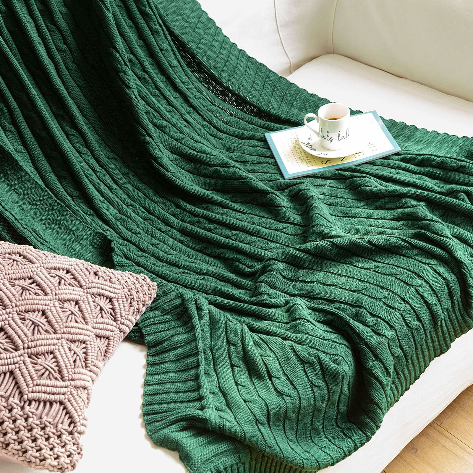 Manta grande de punto 100% algodón azul 180 * 200 cm. Manta lavable y duradera para sofá, sillón, cama. Mantas suaves para camas tamaño doble (verde oscuro, 120 * 180 cm)