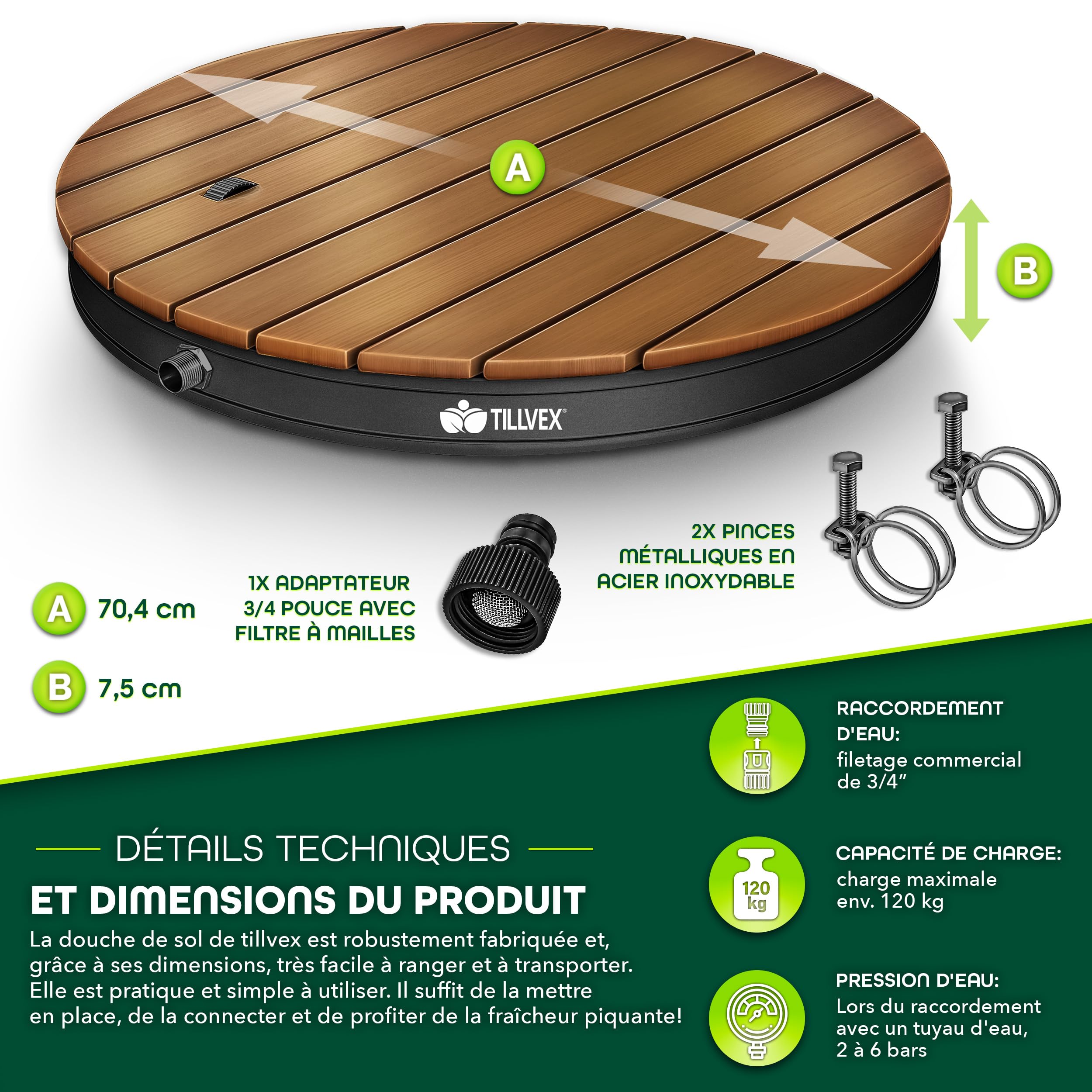 tillvex® Douche de Jardin extérieure jusqu'à 4m de Hauteur de Jet | Douche au Sol avec pédale | Douche de Camping, Sol antidérapante | Douche de Sauna (Anthracite - Rond)