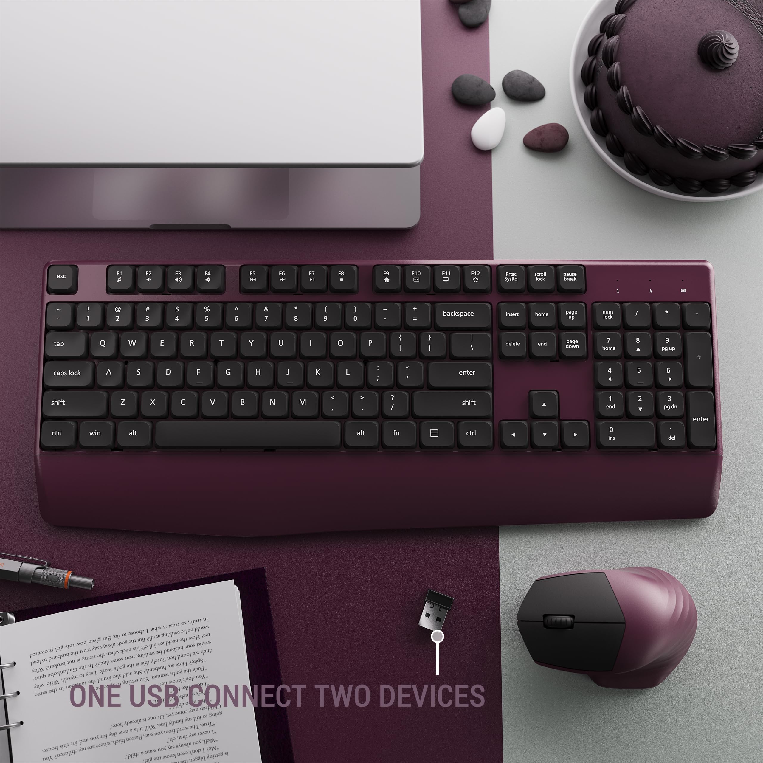 MPTOG Combinazione di tastiera e mouse ergonomici con poggiapolsi, chipset BK, tastiera e mouse da ufficio colorati di dimensioni standard, pulsante di accensione, ricevitore USB per PC portatile