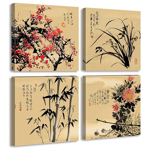 JiazuGo Asian Oriental Wall Art Canvas Prints - Chinese Painting Pictures for Bedroom Aesthetic Decor - Set of 4 Stretched and Framed 12X12 Artwork for Living Room Wall Decoration