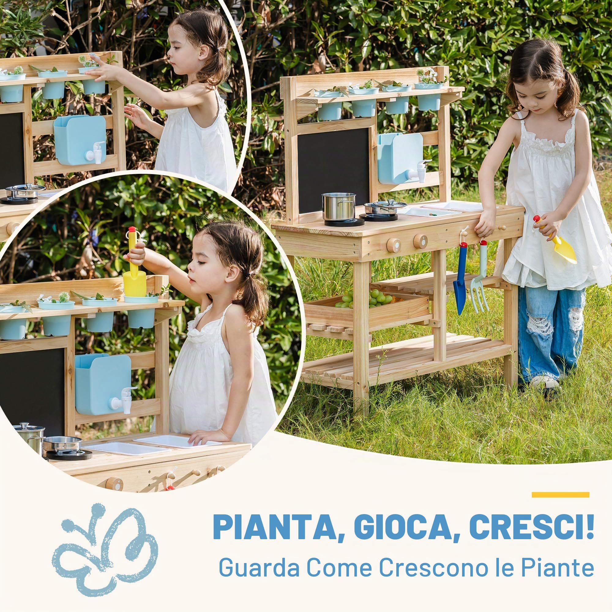 ROBUD Cucina in legno per bambini piccoli, cucina giochi per esterni con lavello, fornello, vasi, lavagna, vano portaoggetti e accessori da cucina, giocattolo per ragazzi e ragazze dai 3 anni in su