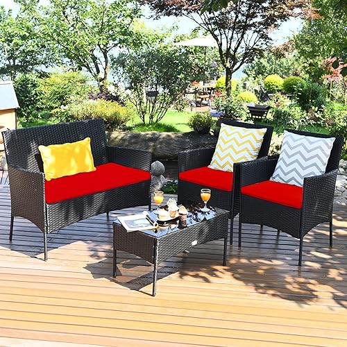 Tangkula 4 Piece Patio Furniture Set, Outdoor Wicker Conversation Set with Tempered Glass Coffee Table, Rattan Loveseat & Chairs Set with Seat Cushions for Backyard, Garden, Poolside (1, Red)