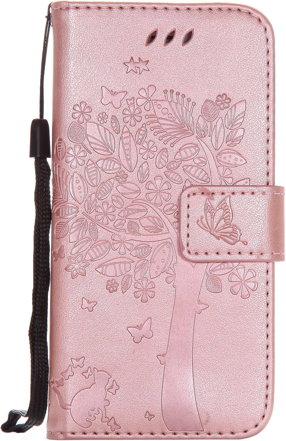 CMEKA 3D Cat Tree Flower Butterfly Wallet Case for iPhone 7 / iPhone 8 Slim Flip Leather Protective Case Magnetic Closure Credit Card Slots Holder Kickstand Function Rose Glod