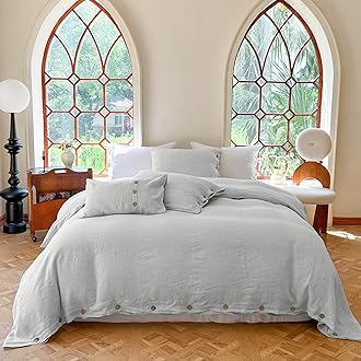 Simple&Opulence 100% Linen Duvet Cover Set Bed Cover 3pcs with Coconut Button Closure Natural French Washed Flax Solid Color Soft Breathable Farmhouse Bedding - Light Grey, Queen Size