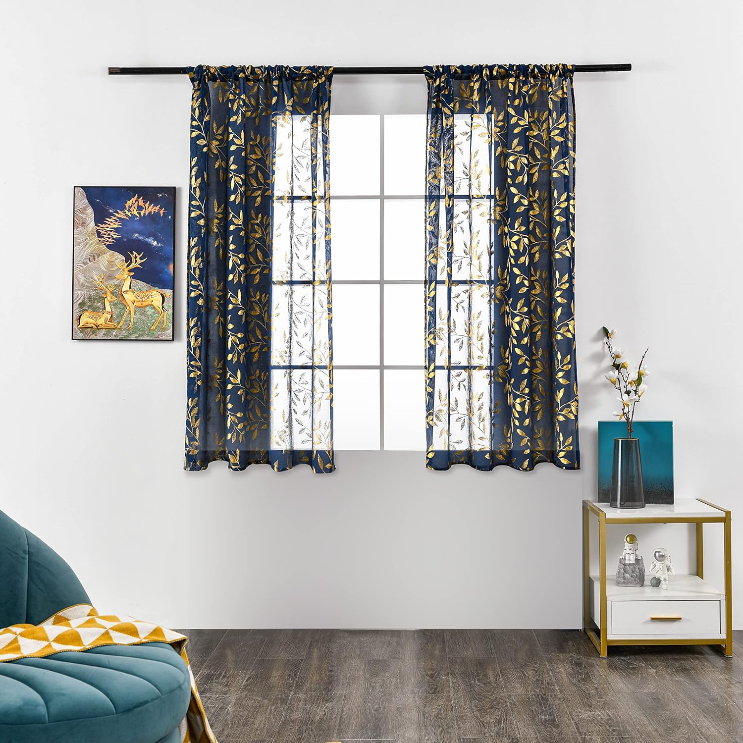 Sutuo Home Blue Sheer Curtains 63 Inch Length 2 Panels, Luxury Gold Foil Print Metallic Bronzing Vine Leaves, Privacy Window Treatment Decor Voile Drape for Kitchen Living Room, 52" W x 63" L, Navy