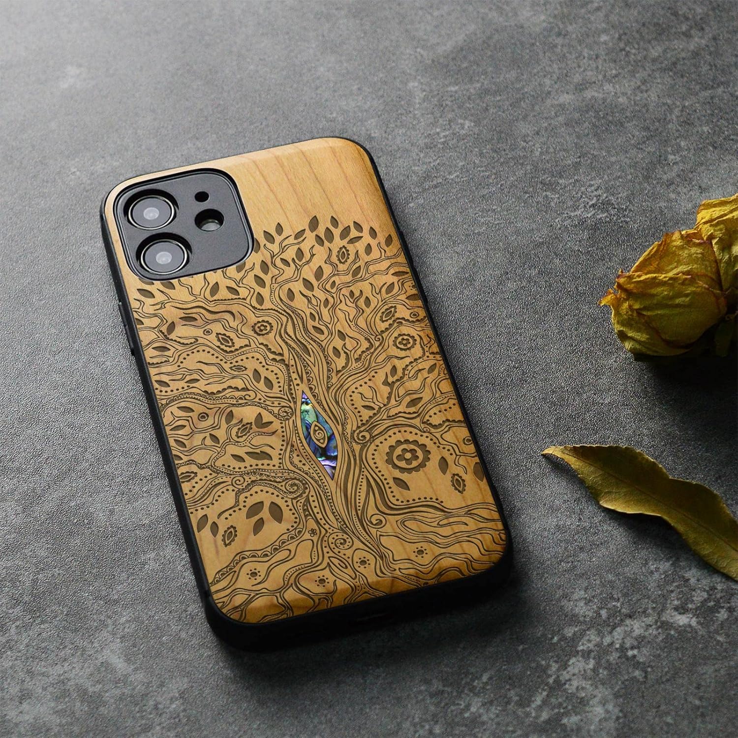 Carveit Designer Wooden Protective Case for iPhone 12 Magnetic Cover [Wood Engraving & Shell Inlay] Wood Phone Case Compatible with iPhone 12 MagSafe 6.1 Inch (Tree-Cherry)