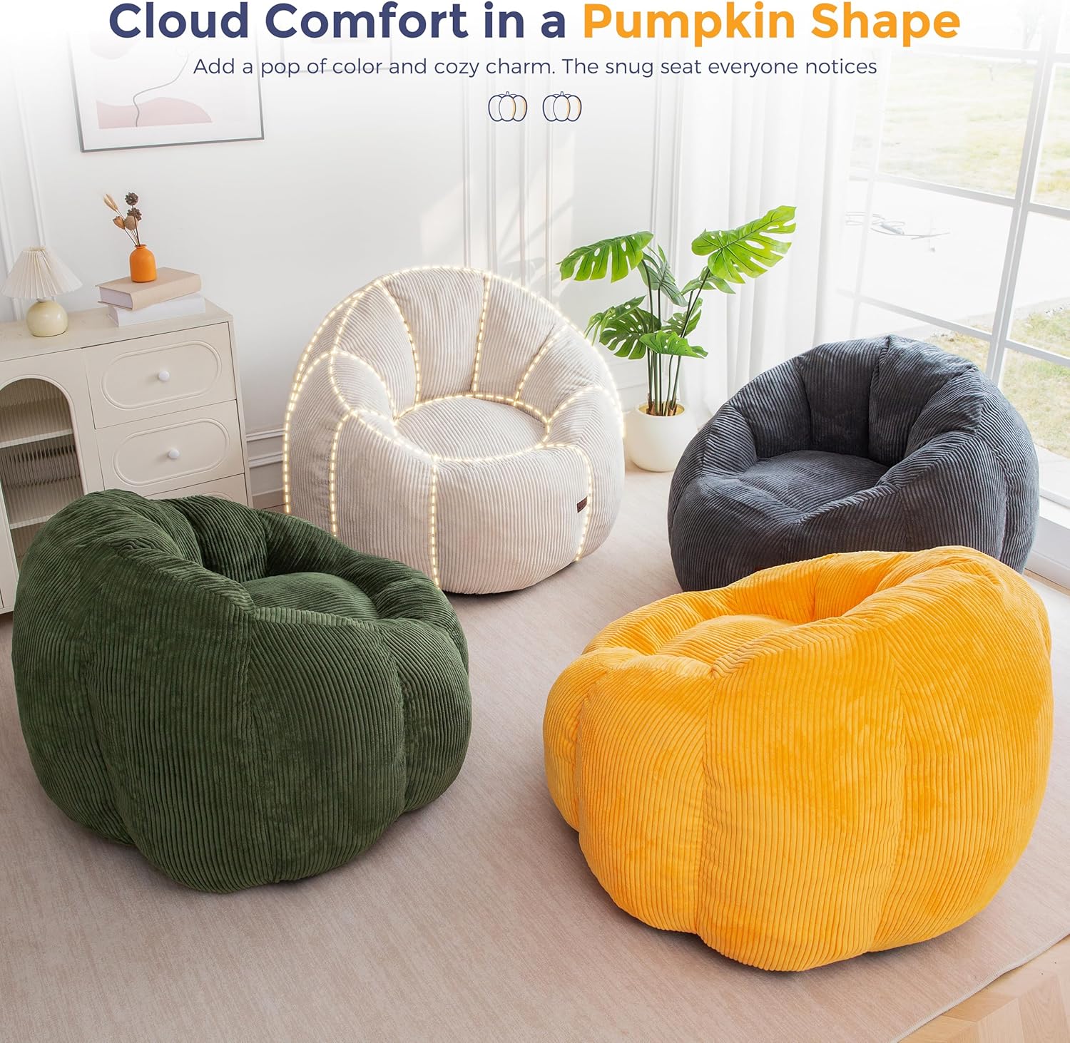 MAXYOYO Giant Bean Bag Chair, Pumpkin-Shaped Bean Bag Sofa, Oversized Boneless Couch Sofa in a Box, Comfy and Lazy Lounge Chair for Dorm, Living Room, Beige