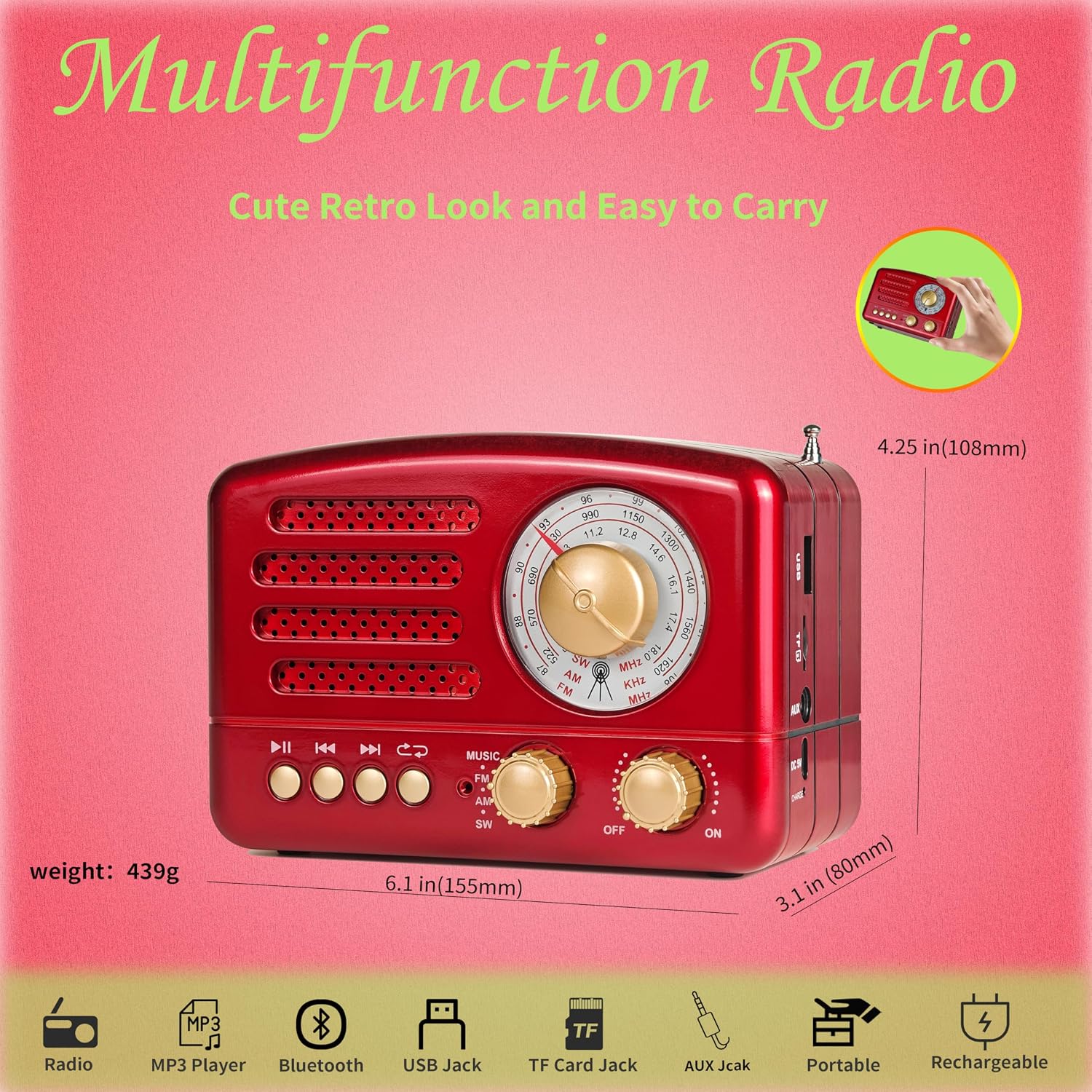 Side view of the WENPZERAY Retro Portable AM/FM Vintage Radio with dimensions and feature icons.