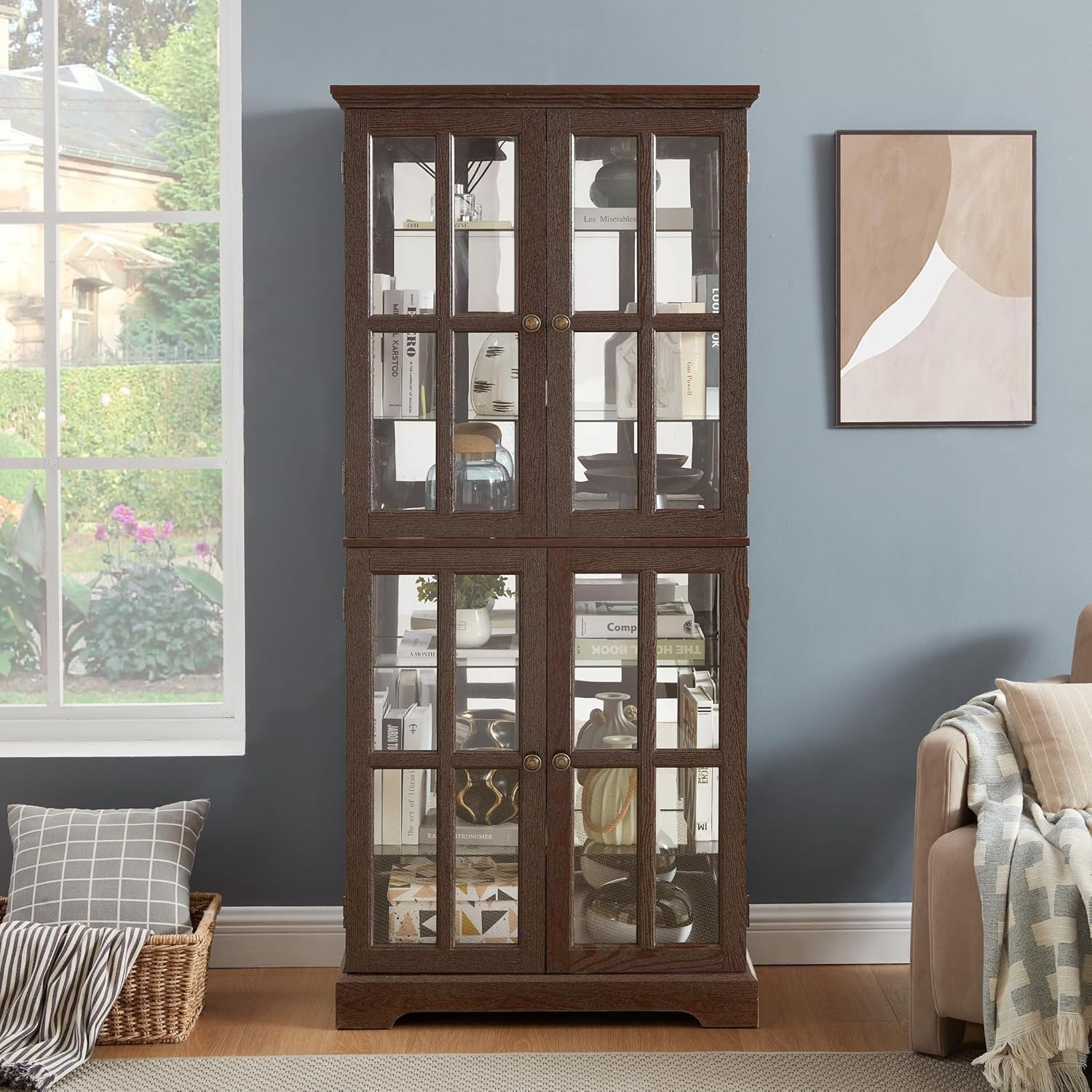 69" Lighted Display Cabinet with 4 Glass Doors, Tall Elegant Bookcase with Adjustable Shelves, Light Bulb Included, Wooden Storage Organizer Cabinet for Collectibles, Living Room (Cherry)