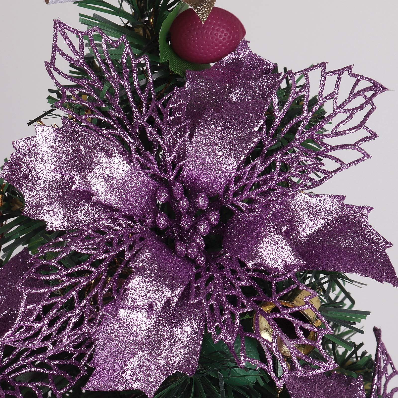 RECUTMS 12 Packs Christmas Glitter Poinsettia Flowers Artificial Christmas Flowers Decorations Wedding Xmas Tree New Year Ornaments Xmas Garland Wreath DIY Decorations Supplies(Purple)