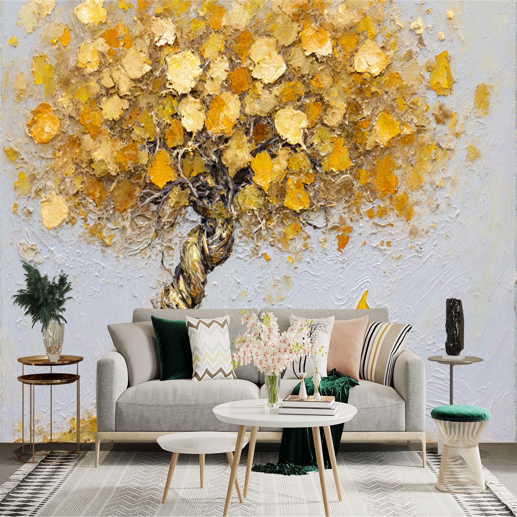 Custom Size Wall Sticker Mural， Abstract Golden Tree， Textured Oil Painting Style， Artistic Nature Landscape， for wall Decoration， peelandstick wall Decals.