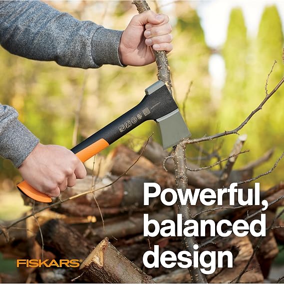 Fiskars X7 Small 14 Hatchet Axe with Sheath for Chopping Wood Kindling for Campfires, Outdoors & Camping, Insert-Molded Forged Steel Head, Low-Friction Blade, Shock Absorbing Handle & Non-Slip Grip