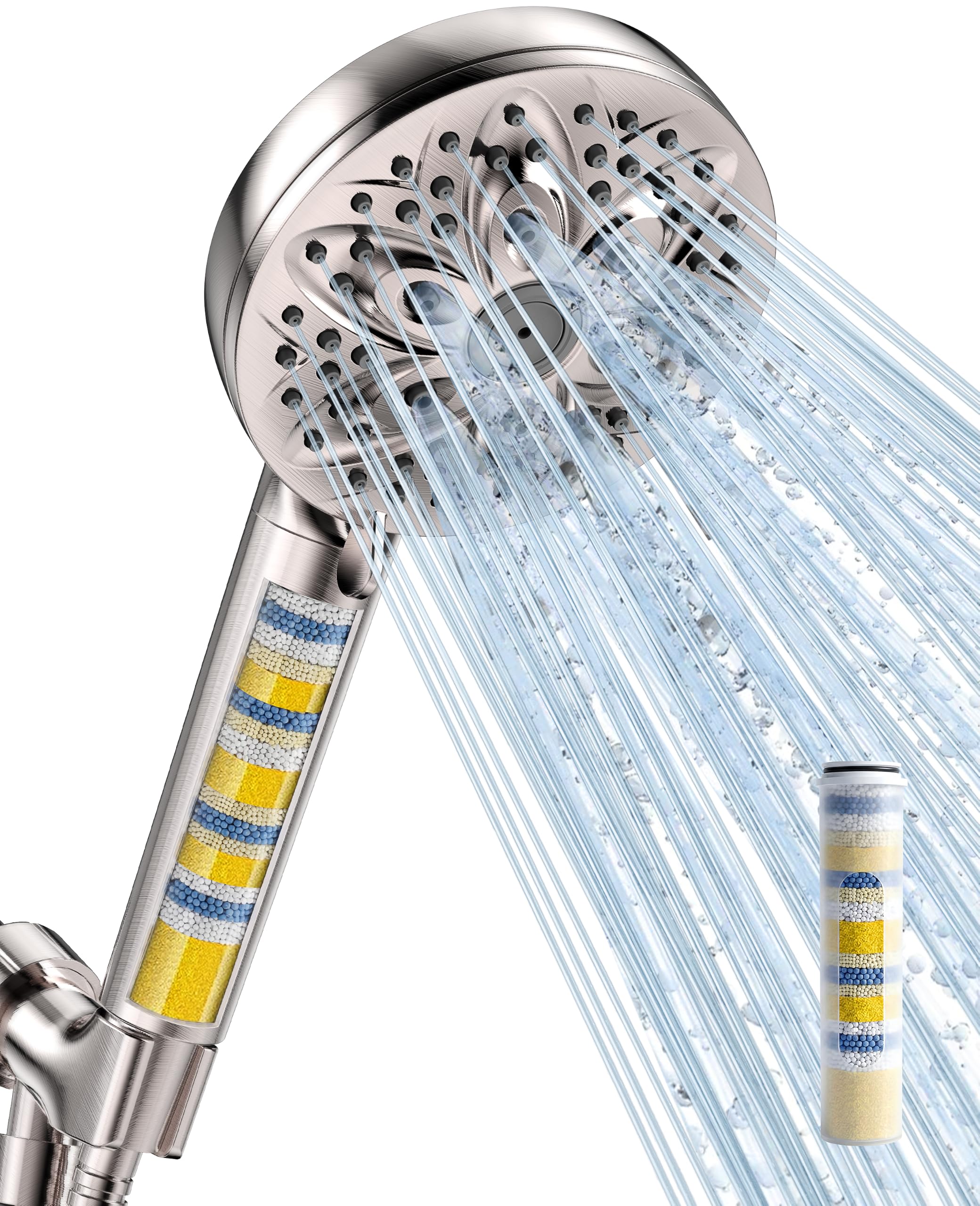 6-Setting Filtered Handheld Shower Head, JDO High Pressure Shower Head with Replaceable Filter Cartridge 4.7 Inch Detachable Showerhead for Chlorine Hard Water Removal 59 Inch Stainless Steel Hose