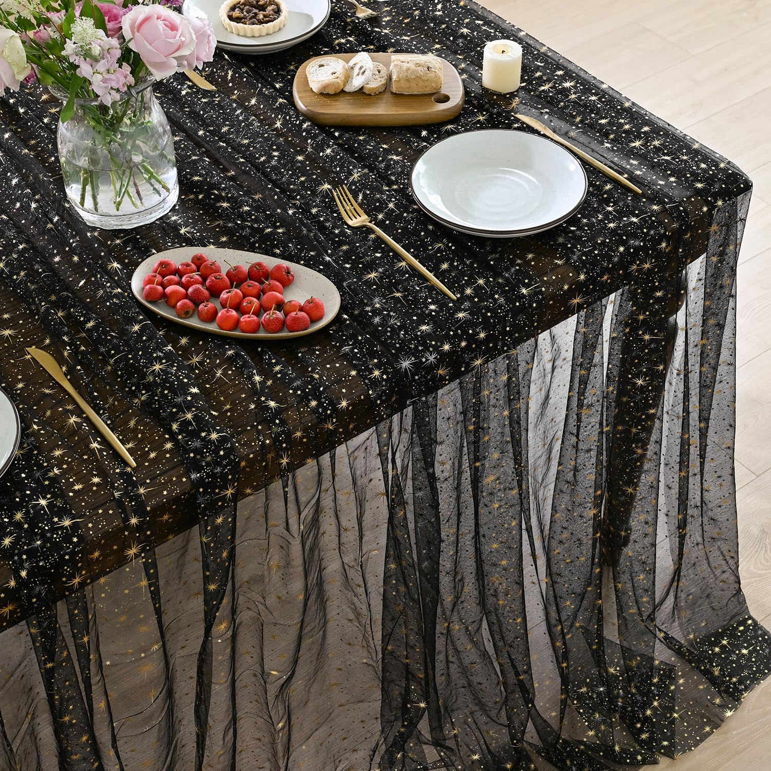 Horaldaily Black Gold Sparkling Star Gauze Tablecloth 60×120 Inch Rectangular, Golden Star Sequin Glitter Metallic Foil, Sheer Chiffon Tulle Cheesecloth for Wedding Baby Shower Party-image-7