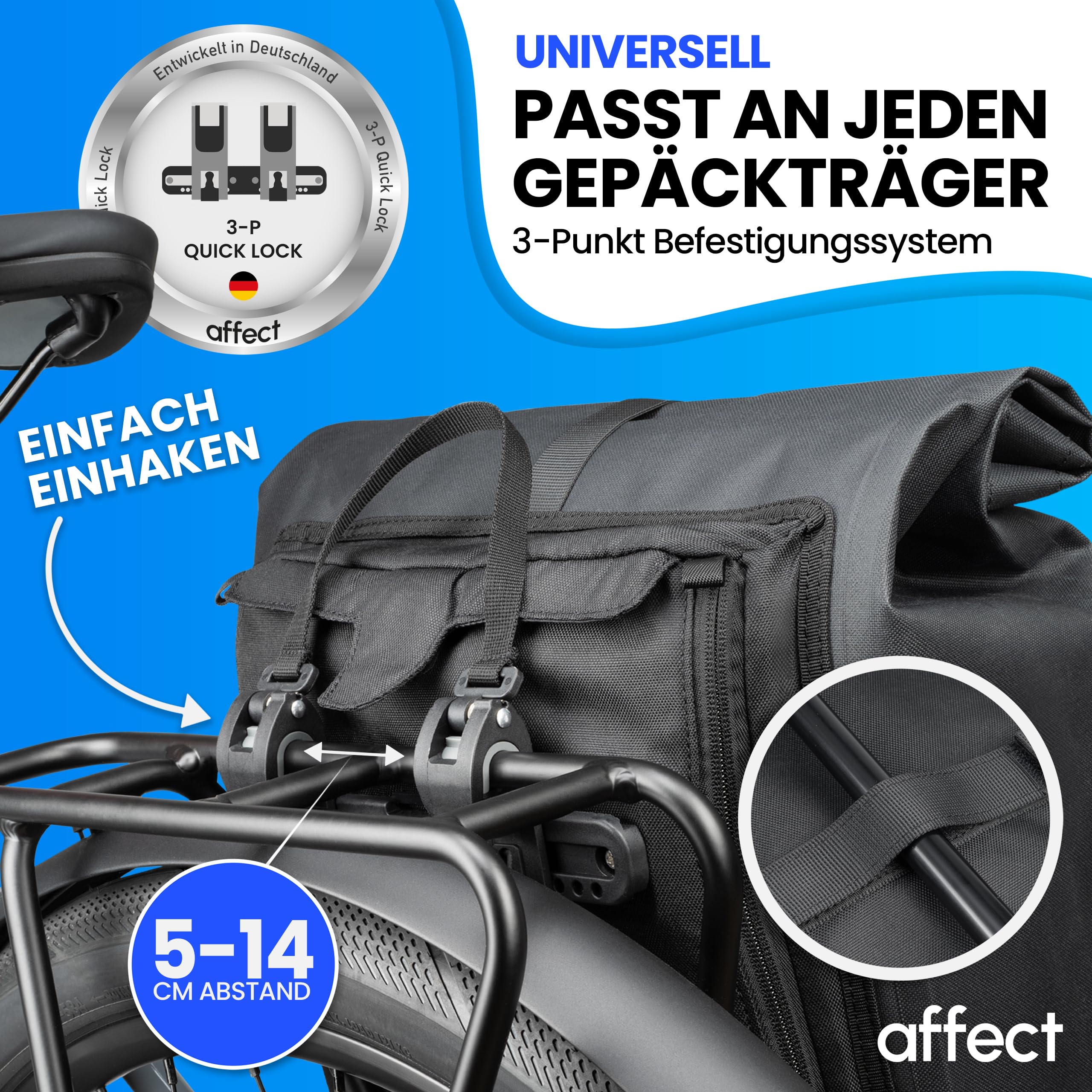 AFFECT - NEU 2in1 Fahrradtasche Rucksack aus Ocean Plastic - 30 Liter - 100% wasserdicht - Fahrradtasche für Gepäckträger - verwendbar als Fahrradrucksack mit Laptopfach