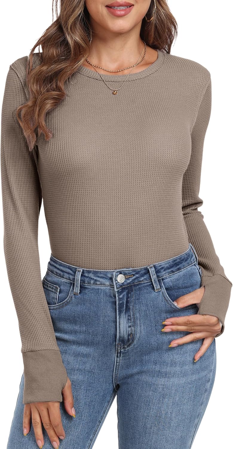 GRECERELLE Waffle Knit Long Sleeve Shirts for Women Crew Neck Slim Fitted Going Out Tops Y2k Outfits - Image 5