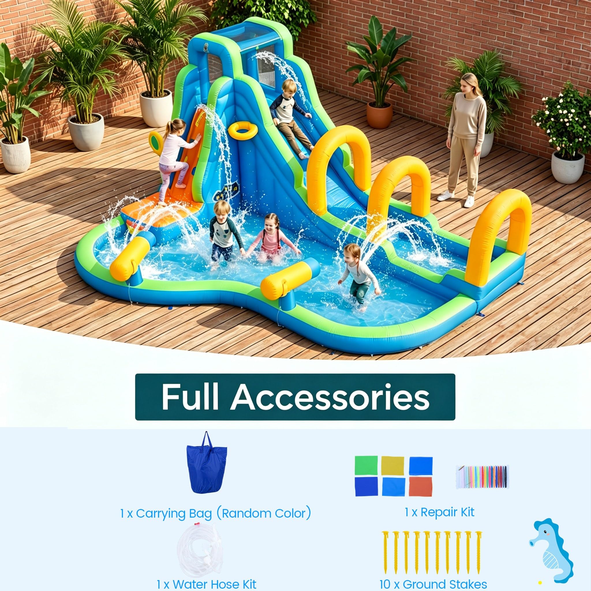 GIANTEX Castillo Hinchable Acuatico, con Tobogán Seco/Acuático, Roca de Escalada, Canasta de Baloncesto, Piscina y 2 Cañones de Agua, Castillo Hinchable Grande para Exterior, 465 x 345 x 242 cm