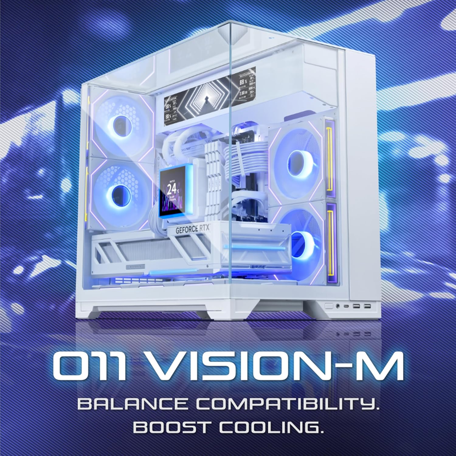 Lian Li O11 Vision-M mATX PC Case, 1 x 140mm Fan, High-Airflow, White | 410mm GPU | Second Chamber AIO Design | Triple Tempered Glass Panels | Supports 360mm AIO & ATX PSUs (O11VMW)
