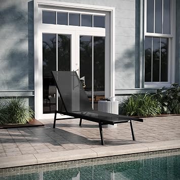 EMMA + OLIVER Braelin Adjustable Patio Chaise Lounge - Black Textilene Seat - Armless Design - 5 Recline Positions - Metal Frame - All-Weather