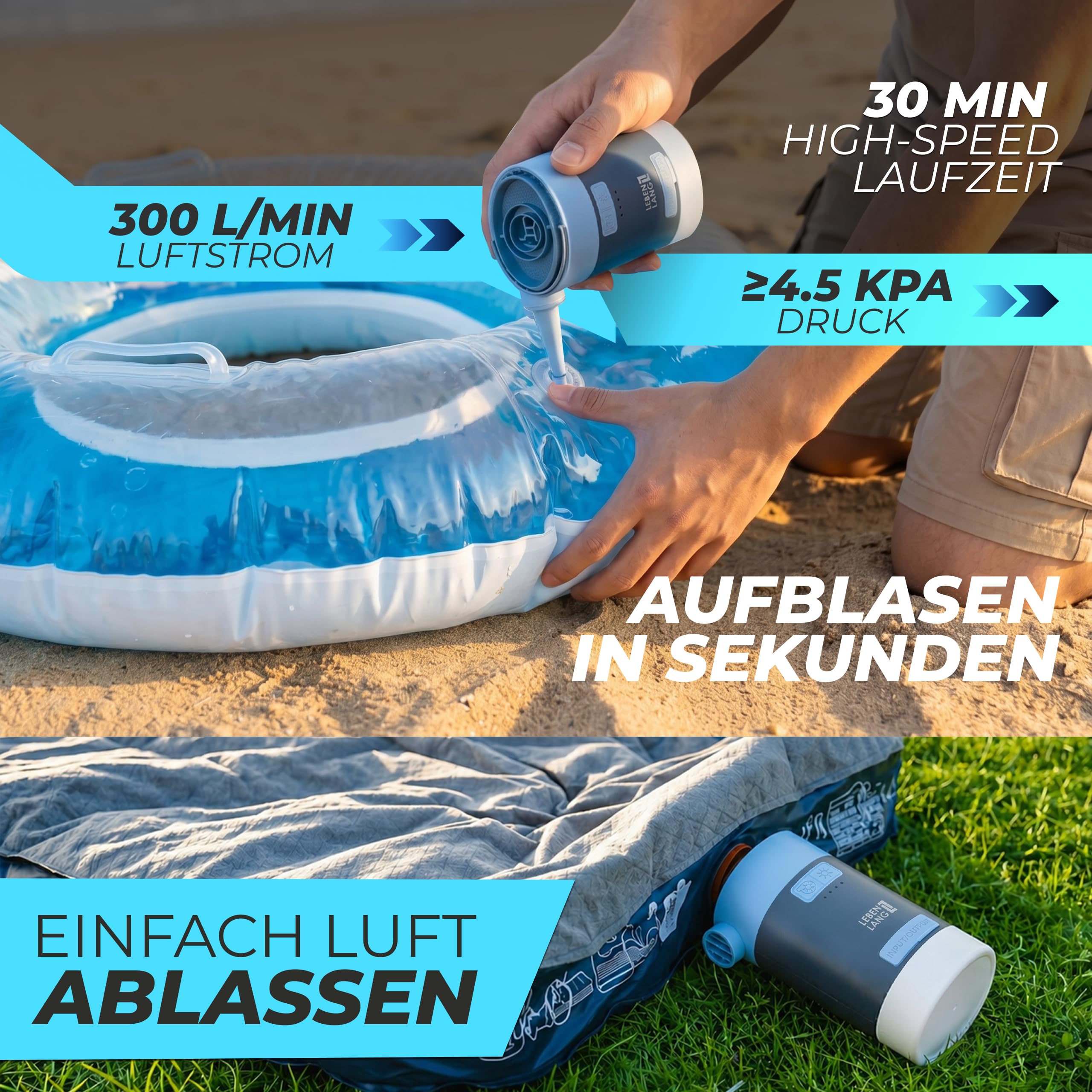 LEBENLANG 3 in 1 Elektro Luftpumpe Akku - 4,5kPa & 4000mAh mit Solarpanel I IPX4 Elektrische Pumpe Akku Elektrische Luftpumpe Boot Camping Zelt Aufpumpen Schlauchboot Kabellose Air Pump Aufblasgerät