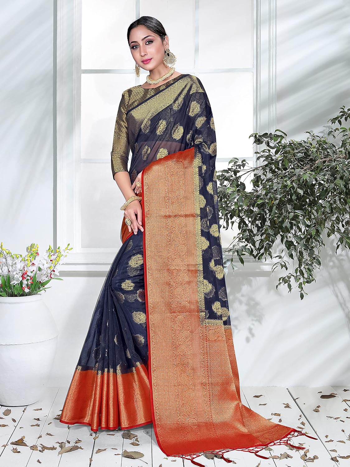 Elina fashion Womens Ready to Wear Navy Blue Organza Silk One Minute Pre Pleated Indian Saree With Unstiched