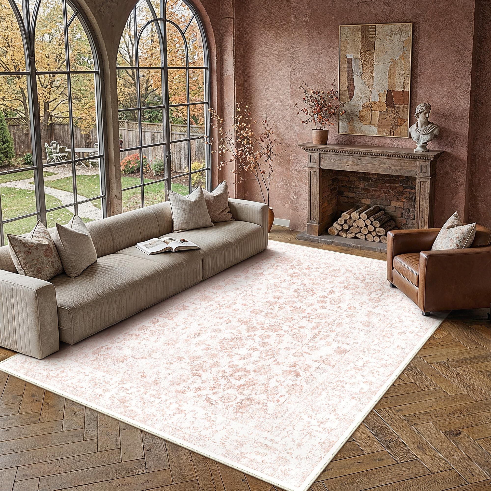 PureCozy 8x10 Pink Area Rug Washable Non Slip Large Vintage Living Room