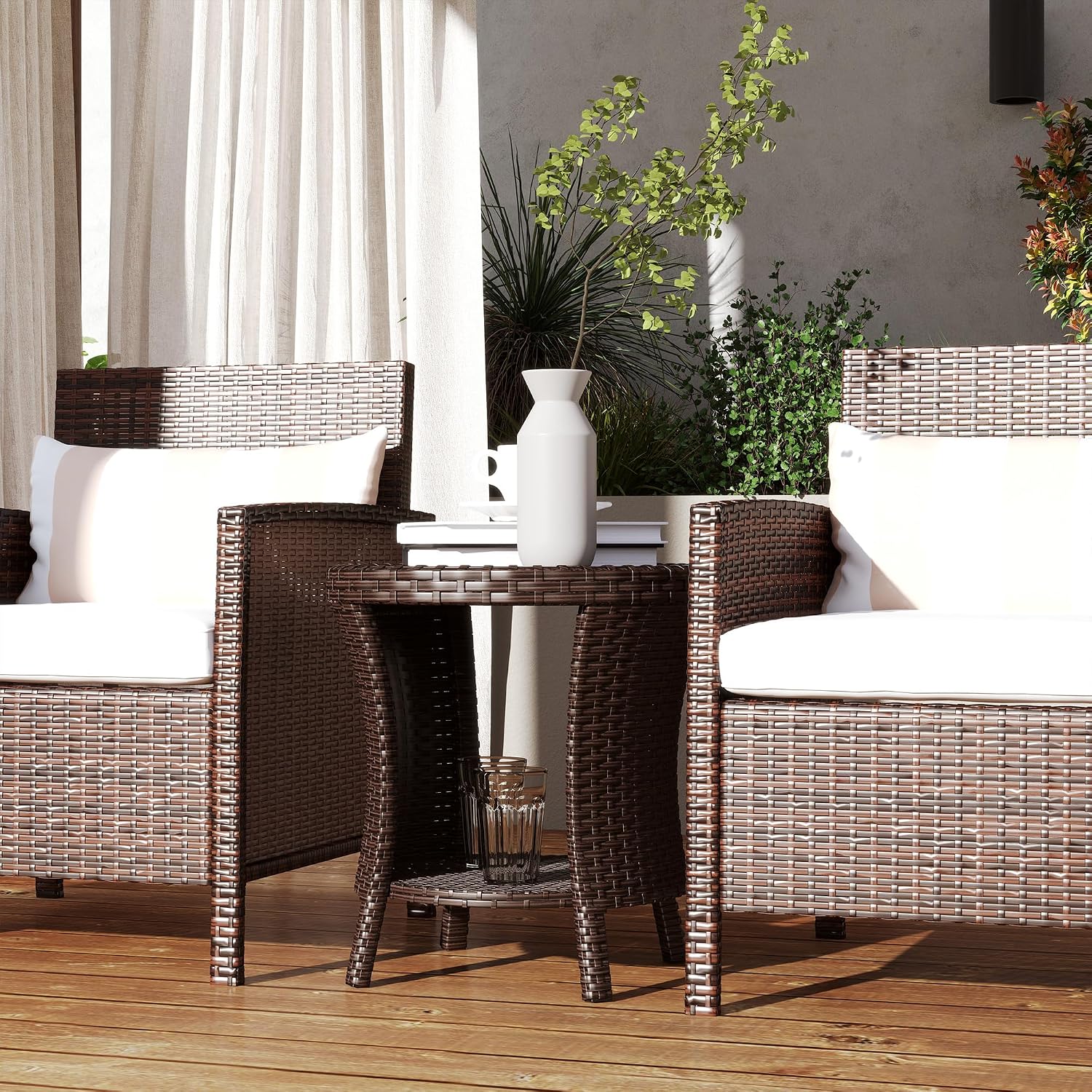 Outsunny 18" Outdoor Wicker Coffee Table, 2-Tier Patio Side Table with Storage, PE Rattan End Table with Composite Wood Top, Steel Frame for Garden Backyard Balcony, Mixed Brown