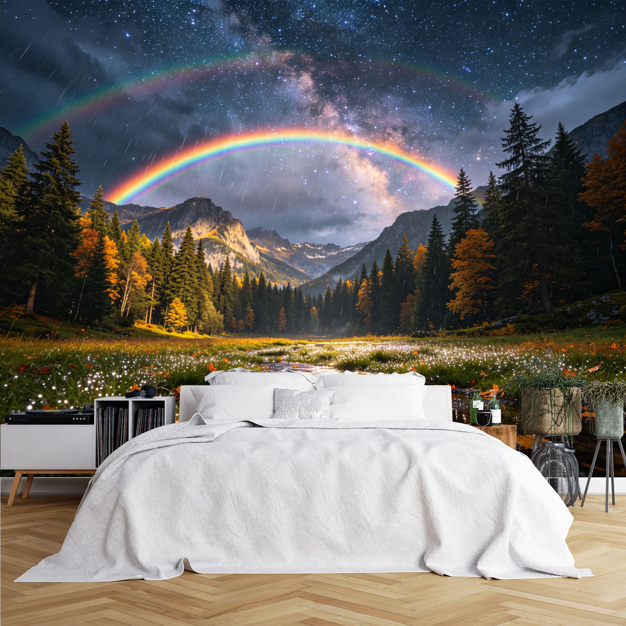 Lcythiazole Ch260615077 Custom Size Wall Murals Double Rainbow Starry Mountain Stream Scene Wall Murals Hd Full Wall Wallpaper Self-Adhesive Removable Wallpaper For Living Room