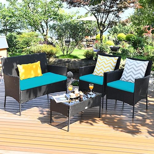 Tangkula 4 Piece Patio Furniture Set, Outdoor Wicker Conversation Set with Tempered Glass Coffee Table, Rattan Loveseat & Chairs Set with Seat Cushions for Backyard, Garden, Poolside (1, Turquoise)