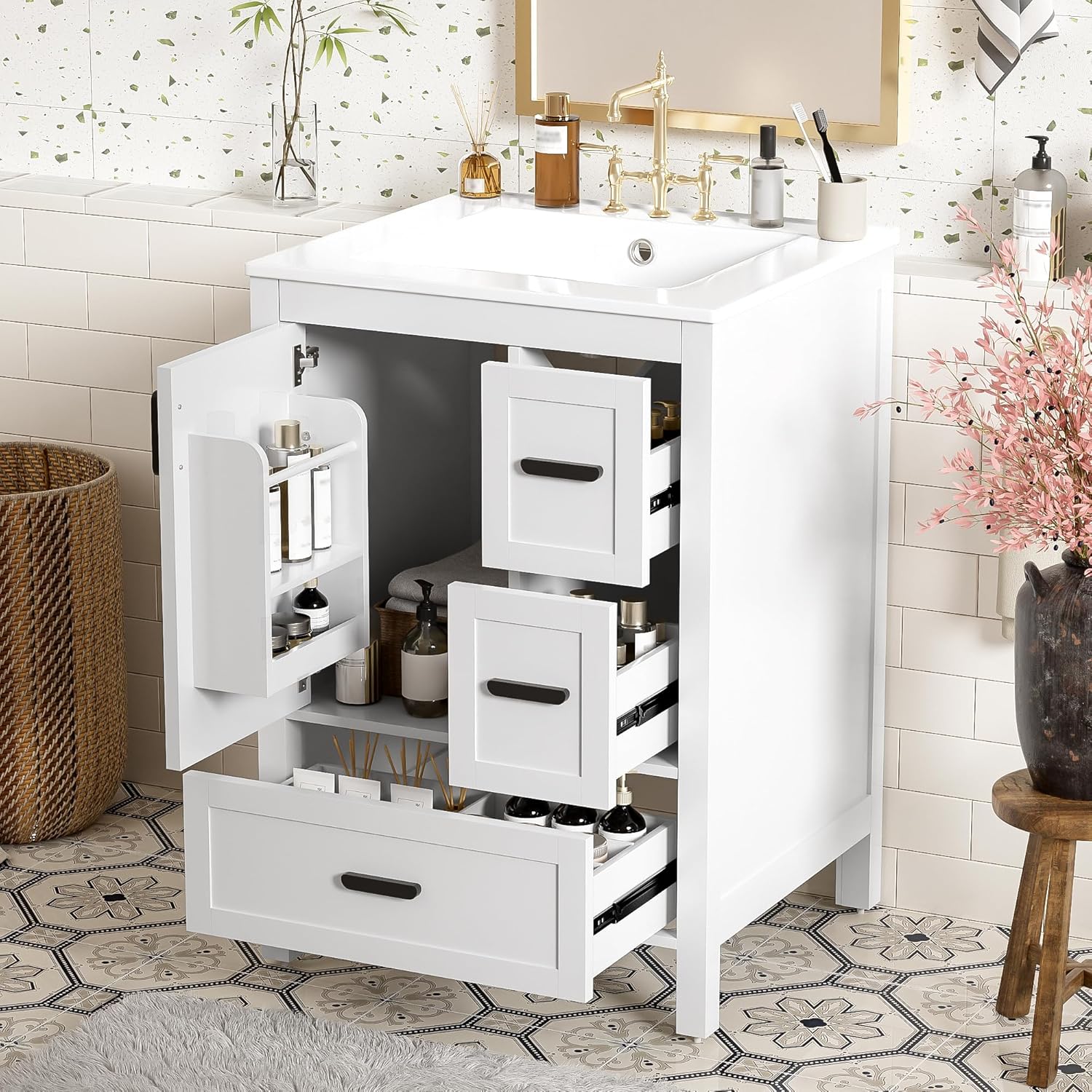 24" Bathroom Vanity with Sink, Harper & Bright Designs Free Standing Single Vanity Set with 3 Drawers and One Door with Storage Racks, Solid Wood Storage Cabinet with Ceramic Basin for Bathroom, White