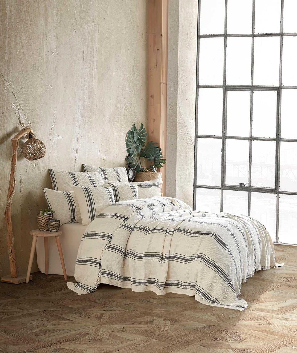 Handmade Bohemian 4-Layer Gauze Bedspread Only, 100% Organic Cotton Muslin, Breathable Lightweight Coverlet, Natural Undyed Ivory with 5 Black Stripes, King Size, Made in Turkey