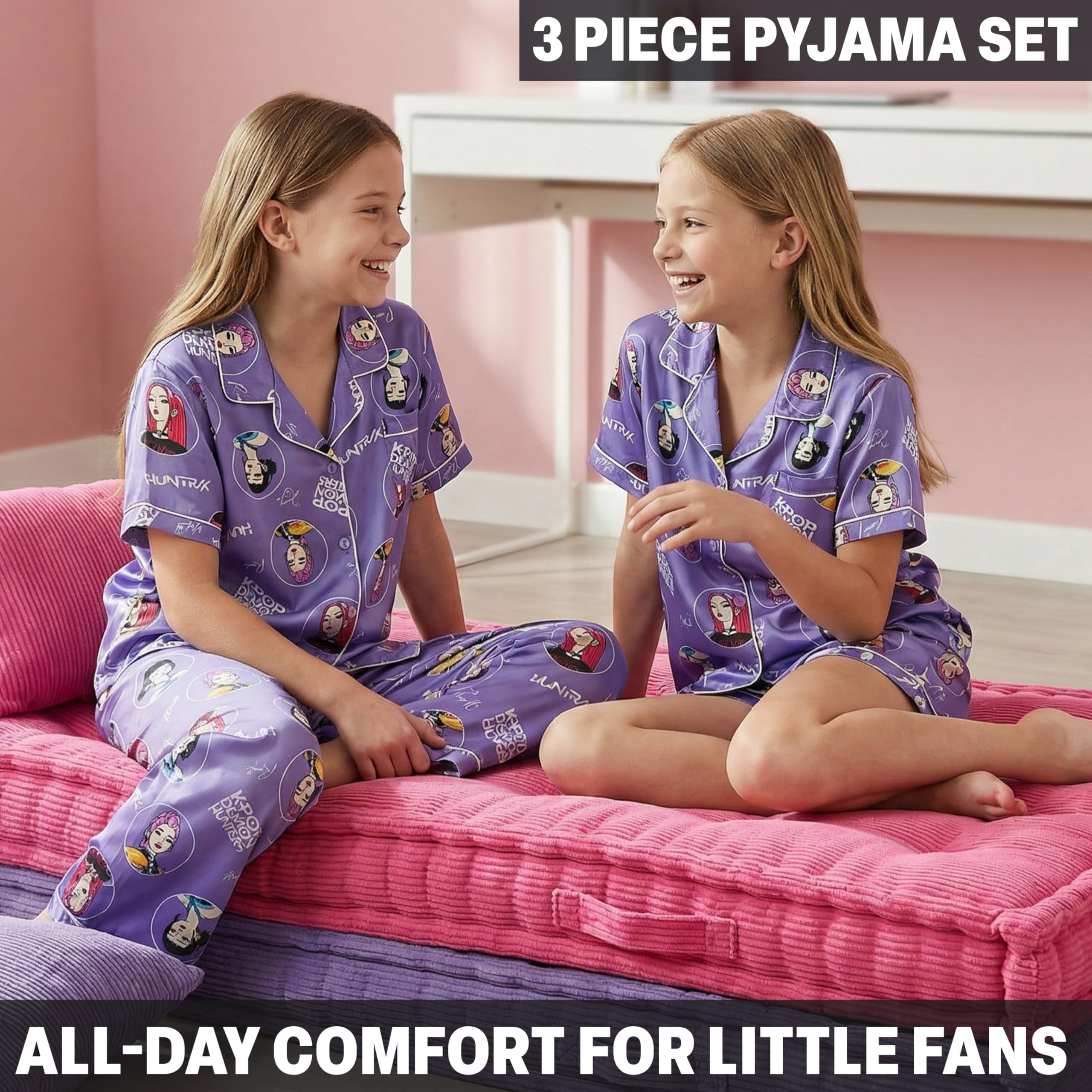 Pijama Niñas 5-14 Años Conjunto Satén 3 Piezas Camiseta Manga Corta Pantalon Largo y Corto