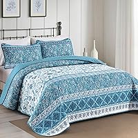 Yiran Teal Floral Boho Quilt Set King Size - 3 Piece Lightweight Microfiber Bedspread Coverlet with 2 Pillow Shams, All Seasons (104x90")