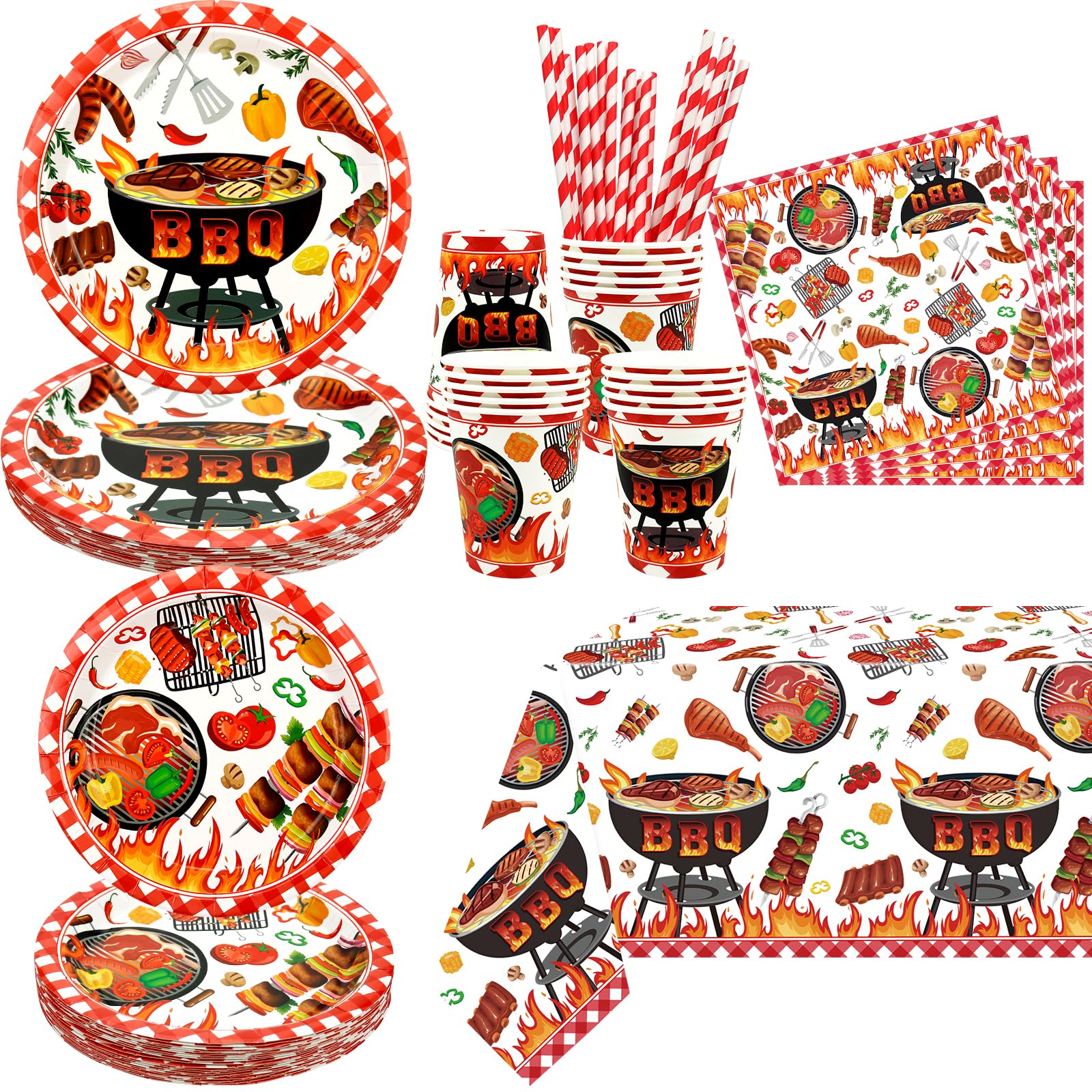 BBQ Birthday Party Supplies, Includes Plates, Napkins, Cups, Straws,Tablecloths,for Summer Picnic Holidays Birthday Party Decorations Serves 20 Guests