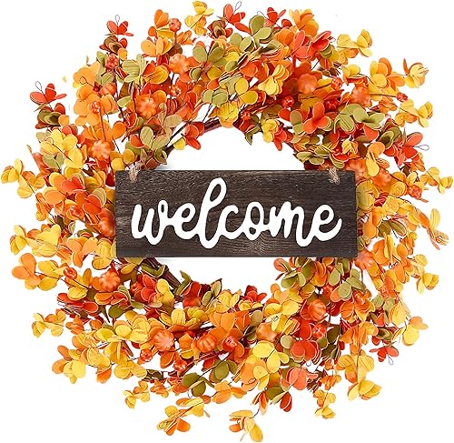 Sggvecsy Corona de otoño de 20 pulgadas, corona de otoño para puerta delantera, corona de cosecha con pequeñas hojas redondas de calabaza, bayas,