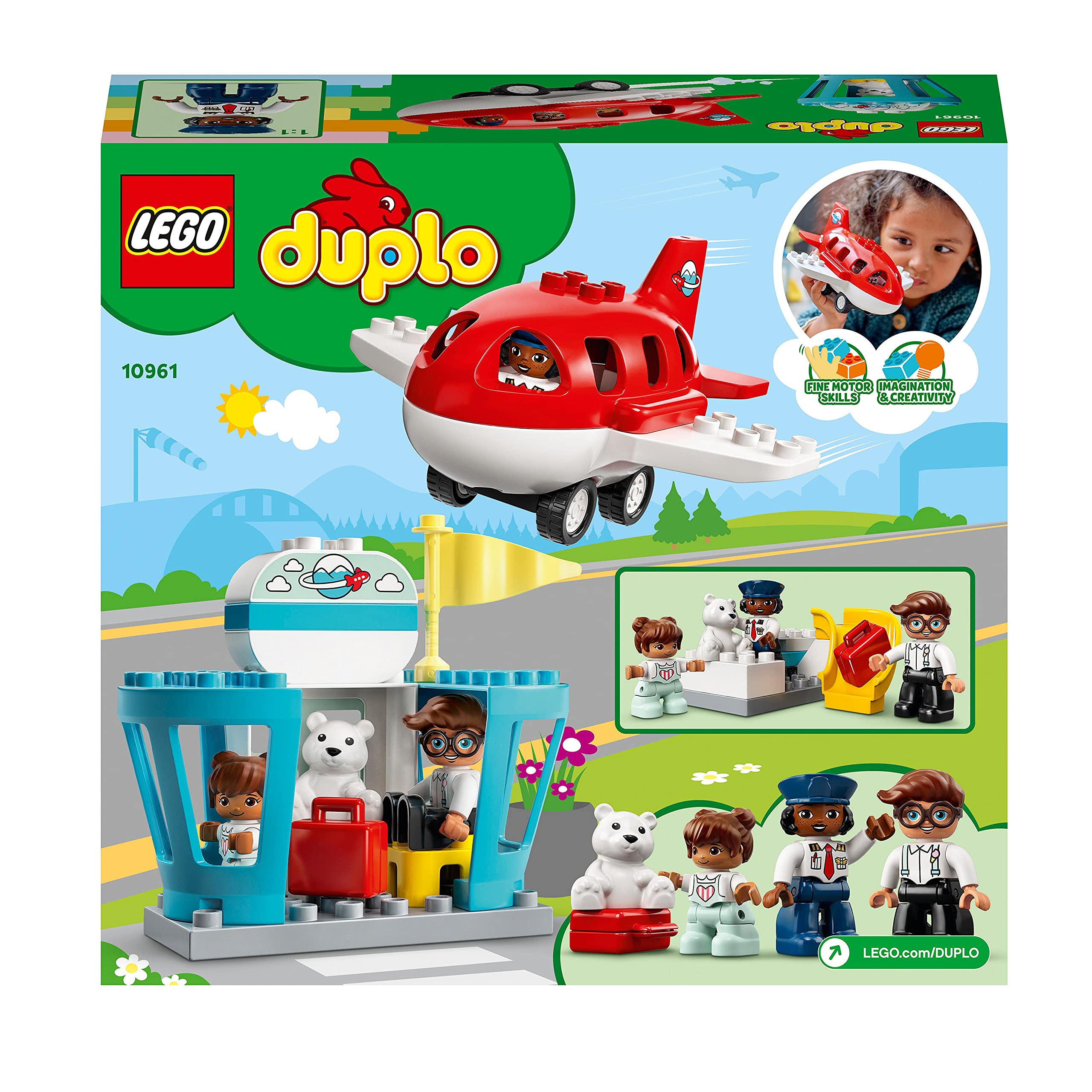 LEGO 10961 Duplo Town Avión y Aeropuerto, Juguete de Construcción para Niños y Bebés +2 Años y Más con Mini Figuras