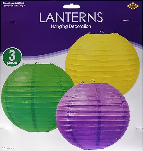 Beistle Faroles de papel (3 piezas) -1 paquete, 9.5 pulgadas, dorado-amarilloverdemorado