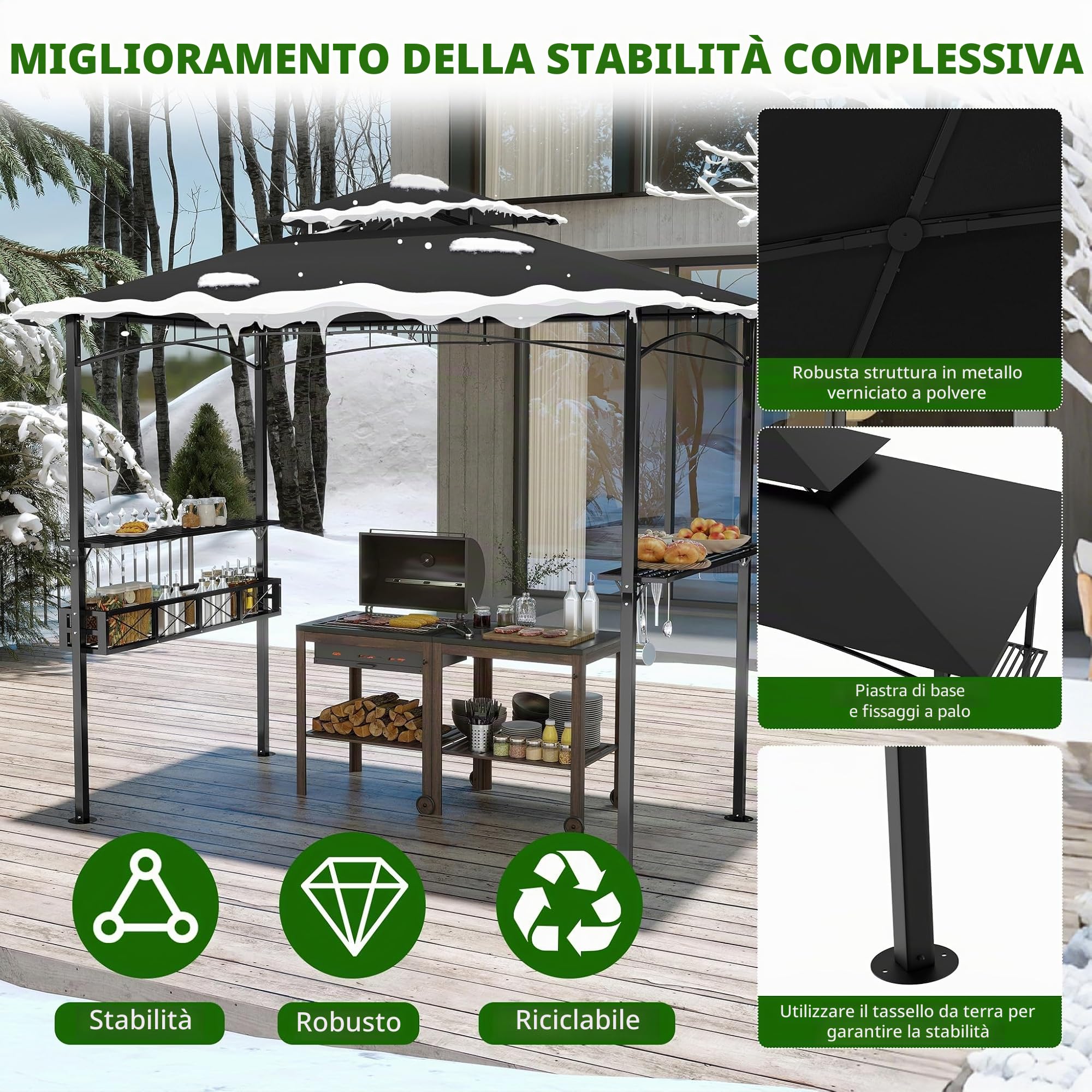 Gazebo per barbecue resistente alle intemperie, autoportante, con protezione solare, doppio tetto, scaffali e cestini, per giardino e spiaggia