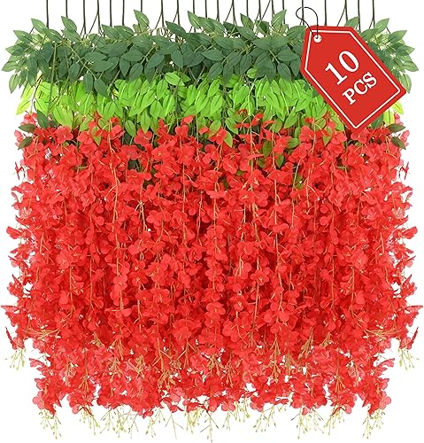 Miniatura 8 de BLEUM CADE 10 flores colgantes de glicina roja, 3.6 piesunidad, flores de glicina falsas, guirnalda de glicina artificial colgante para bodas,