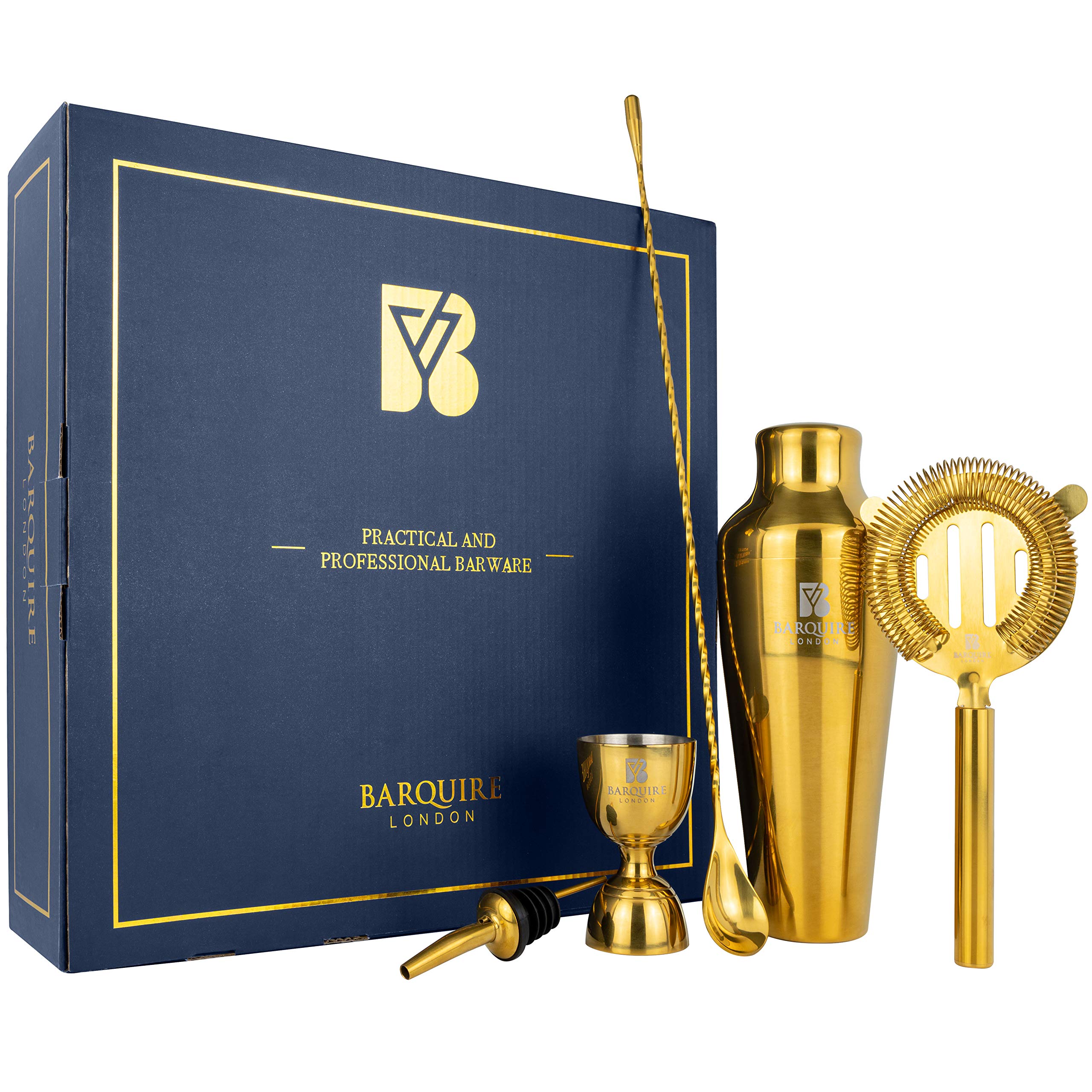 Barquire London Cocktail Making Set – Complete Mixology Tool Kit – Gold Mirror Polish Cocktail Shaker Set –– Parisian Shaker, Mixing Spoon, Hawthorne Strainer, Jigger & More – with Cocktail Booklet