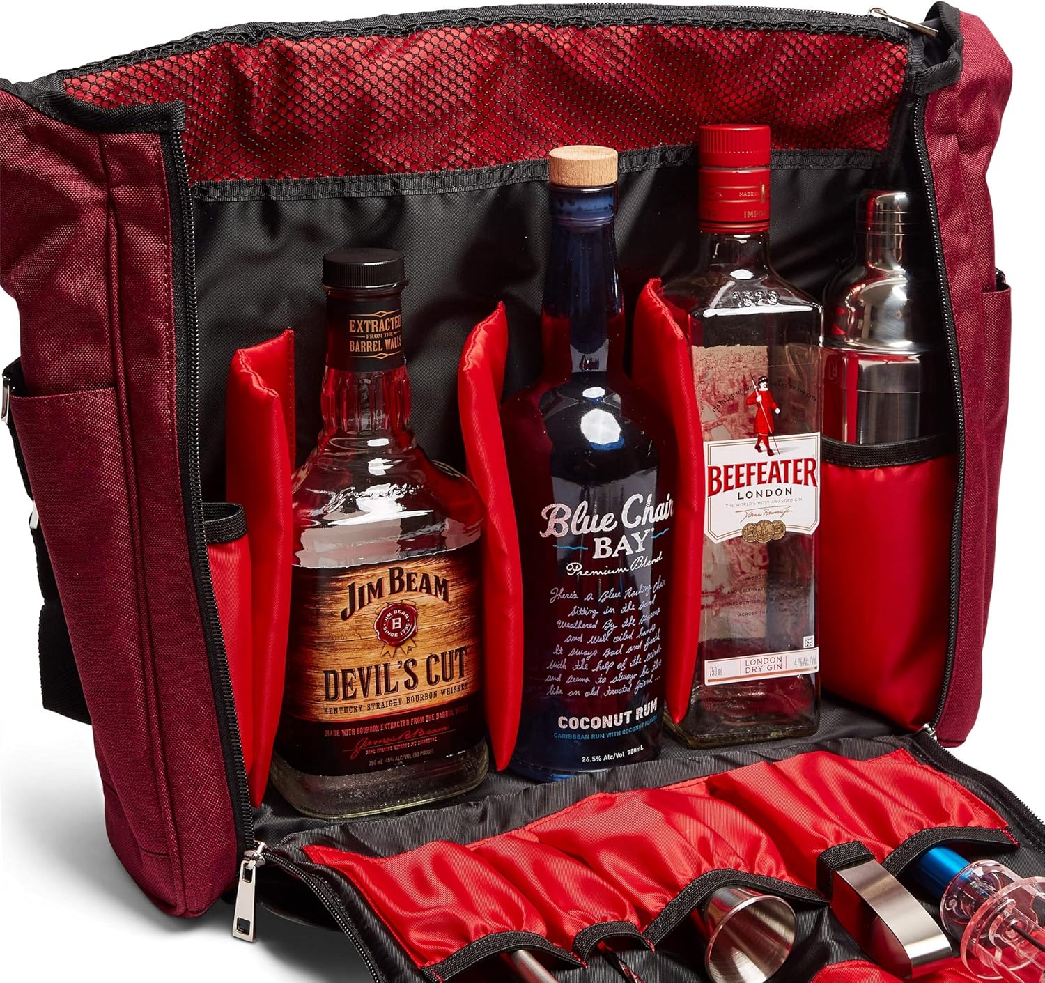 Bartender Travel Bar Bag, Crimson Red & Black, Water Resistant, Bartending Supplies, Pockets for Carrying Cocktail Kit (Bag Only)