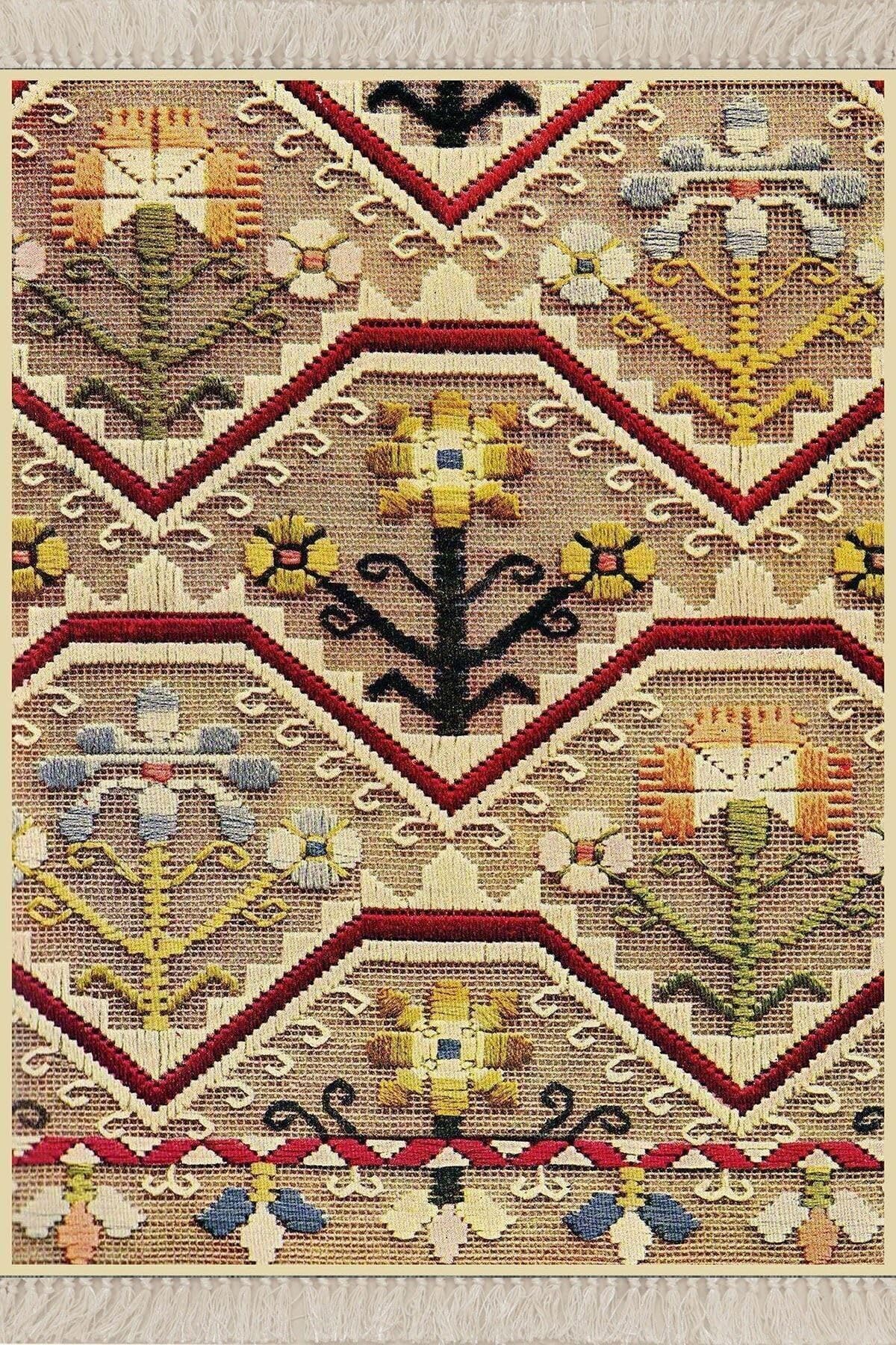 Pelangi Nakış Işlemeli Çiçek Desenli Dijital Baskı Yıkanabilir Kaymaz Taban Salon Halısı Ve Yolluk, Bej 180 x 250