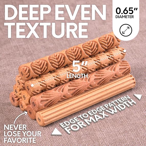 Byllstore Clay Texture Rollers | 10-Pack | 5 in x 0.65 in | Premium Wooden Pottery Tools | Set A