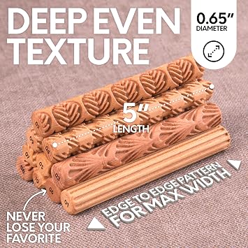 Byllstore Clay Texture Rollers | 10-Pack | 5 in x 0.65 in | Premium Wooden Pottery Tools | Set A