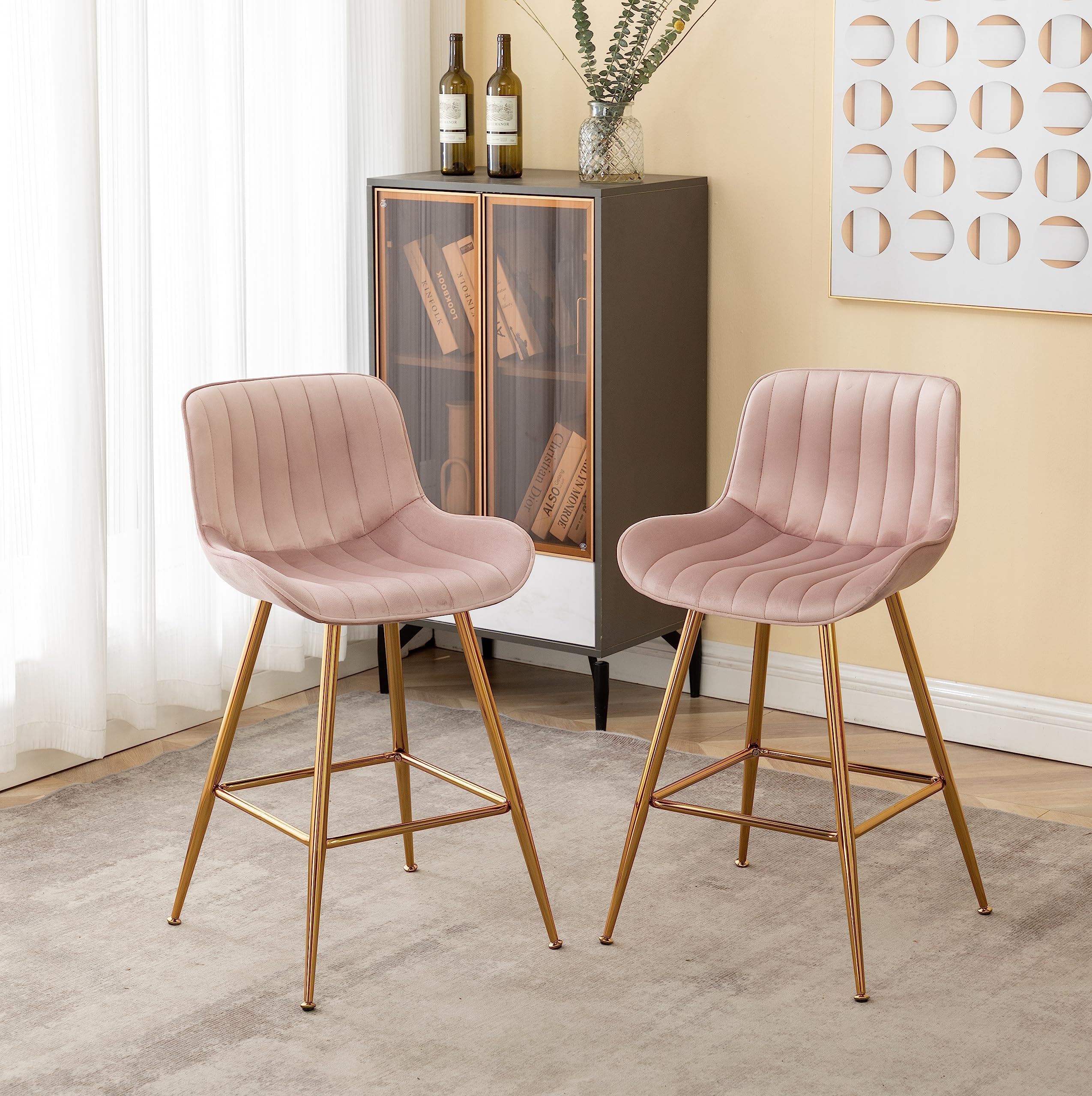 Set Of 2 Modern 24" Bar Stools With Woven Back & Velvet Seat - Counter Height Stools For Kitchen Island, Cafe (Ivory)