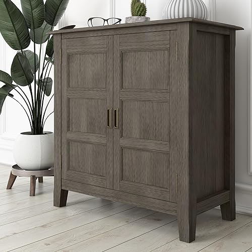 Miniatura 2 de SIMPLIHOME Burlington - Armario de almacenamiento bajo de transición de madera maciza de 30 pulgadas de ancho en color gris rústico para sala de