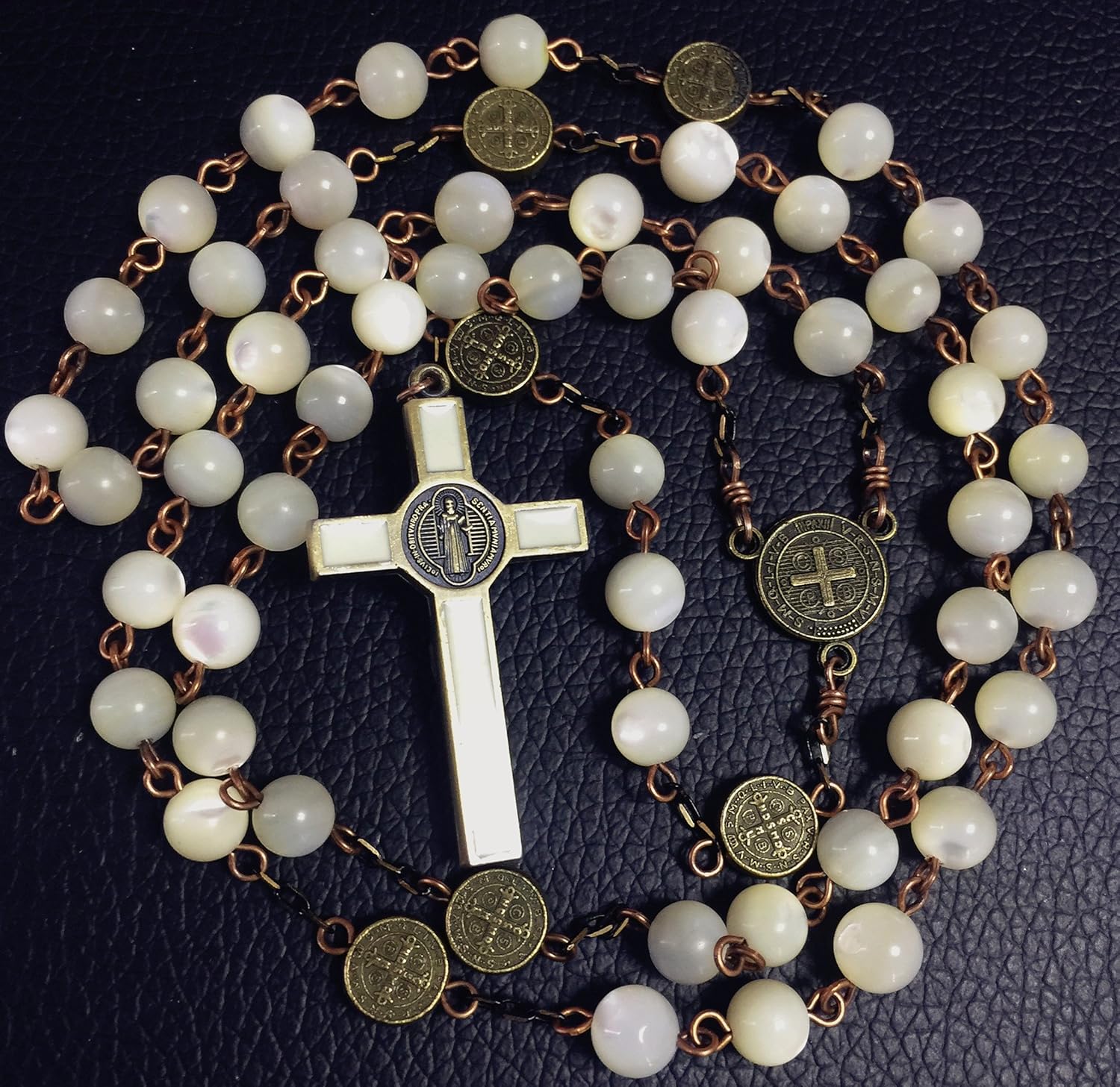 elegantmedical HANDMADE NICE Moonlight Mother of Pearl Beads St. Benedict Rosary necklace bronze Cross gift box Gift - Image 6
