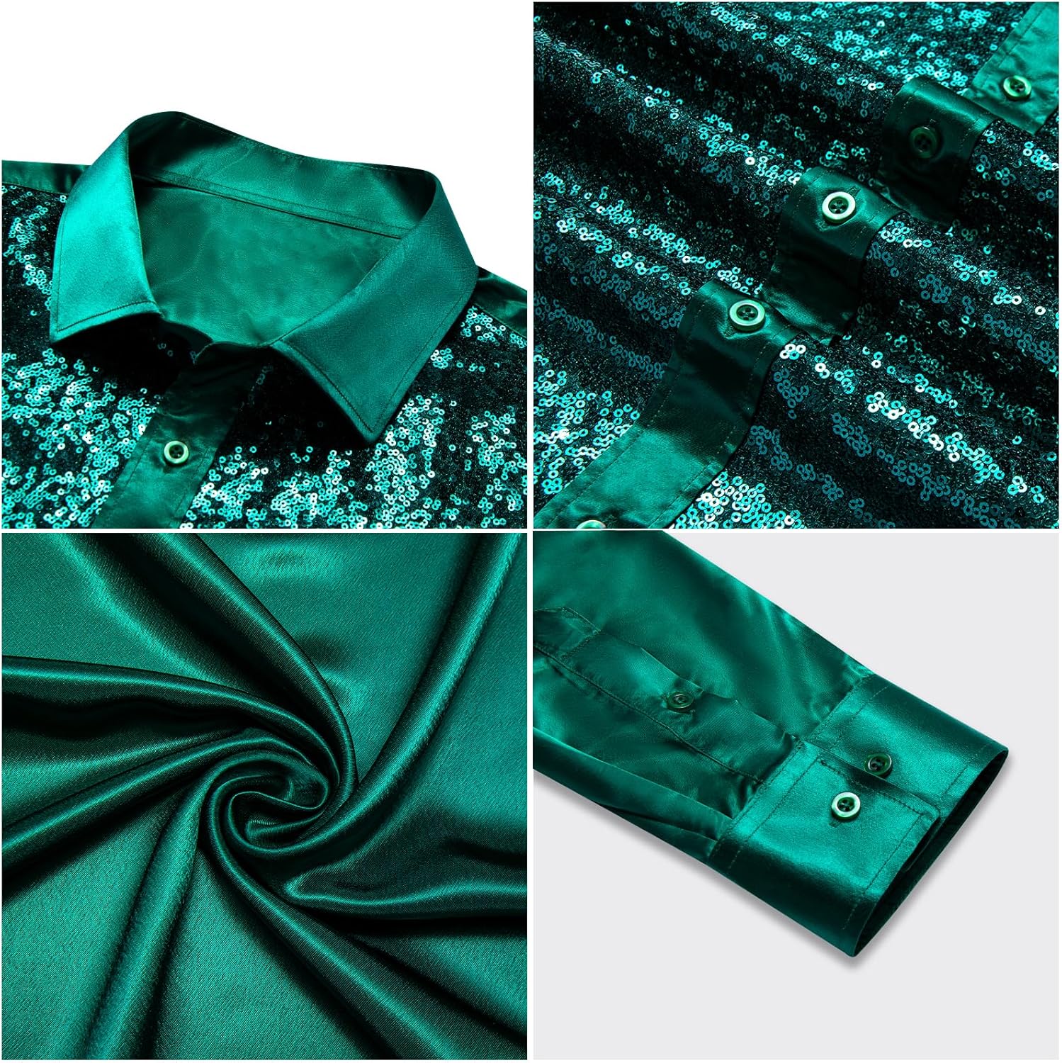 Barry.Wang Mens Disco Shirt Sequins Satin Shiny Metallic Long Sleeve Button Down Shirts 70s Vintage Cocktail Nightclub Rock - Image 6