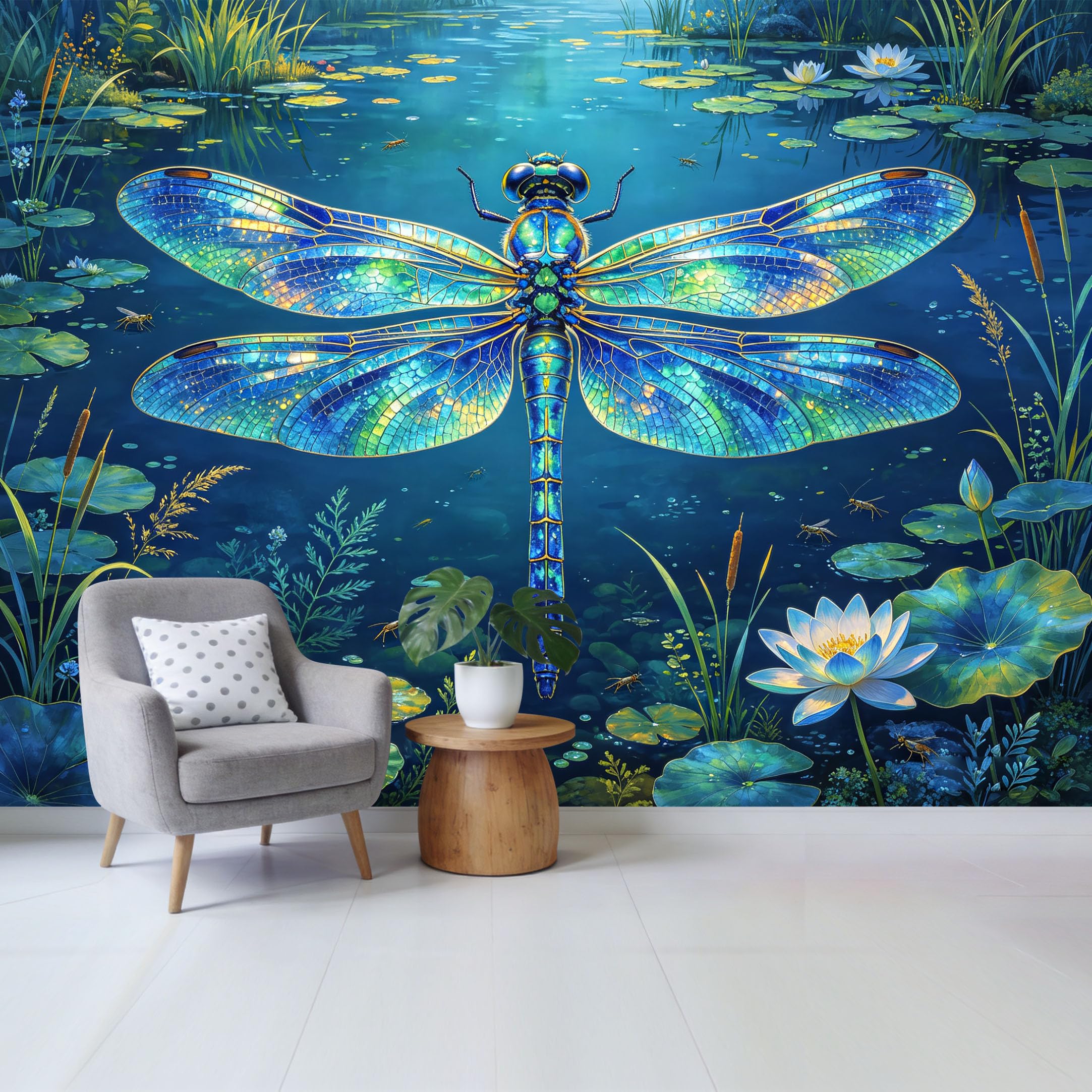 Qzlithotic Yq2605250147 Custom Size Wall Mural Iridescent Dragonfly Blue Water Lily Pond Botanical Tropical Selfadhesive Wall Fabric Removable Wallpaper For Home Office Decor
